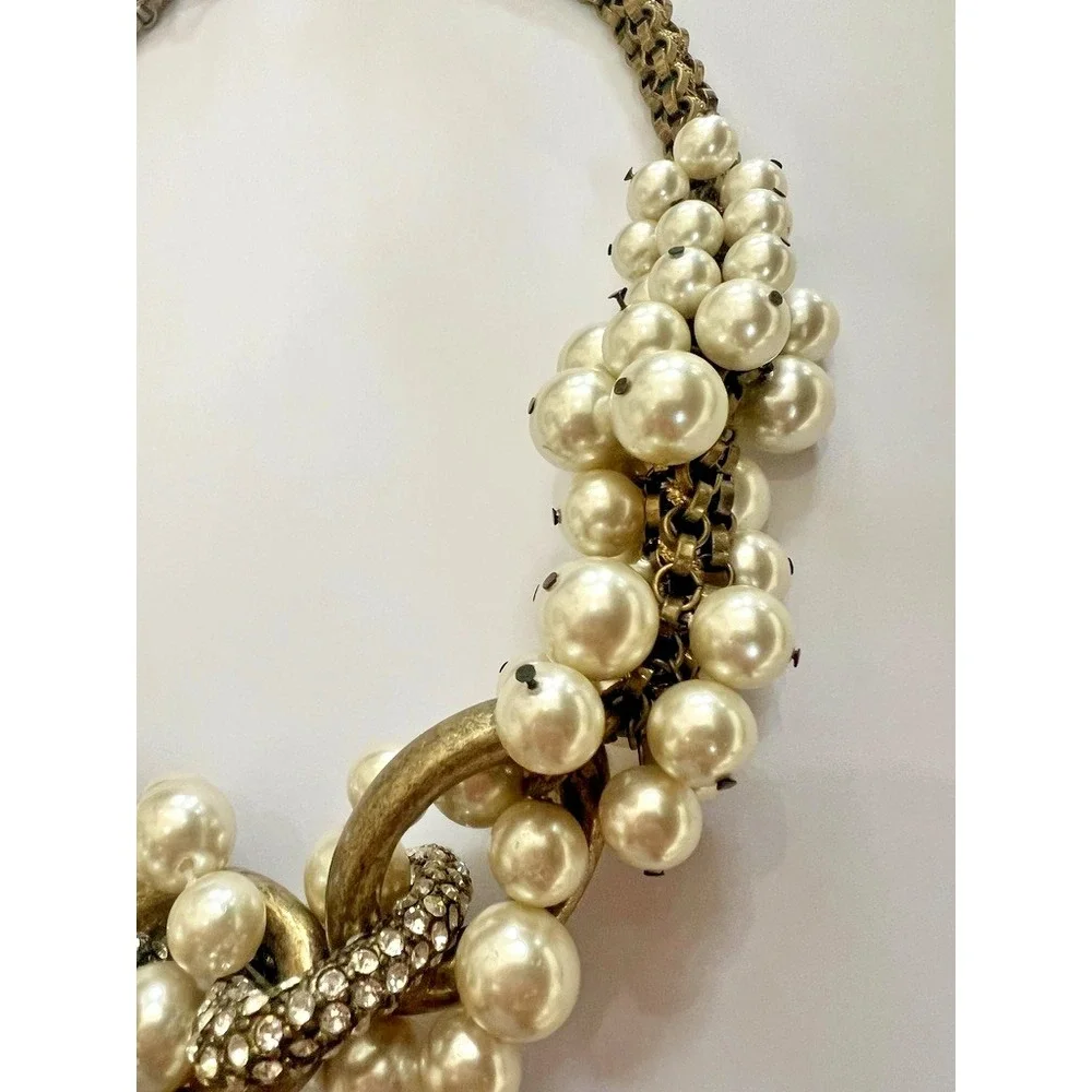 NOS Lee Angel Faux Pearl Rhinestone Link Necklace Antiqued Gold Y2K Luxe Baroque